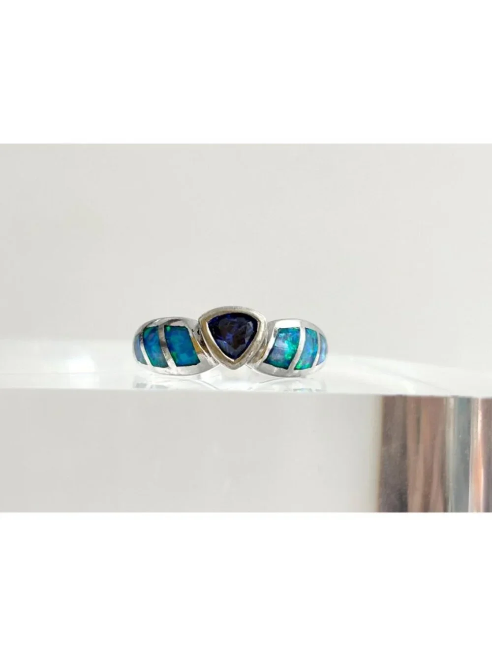 Tanzanite & Opal Framed Gemstone Sterling Silver 925 Vintage Ring - sz 7.25